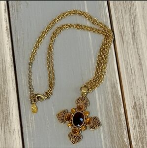 Robert Rose Gold Tone Double Chain with Rhinestone Cross Pendant Necklace